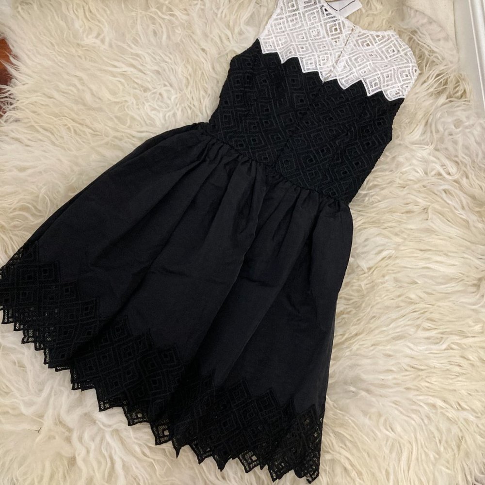SANDRO Black & White Sleeveless Crochet Fit & Flare Dress - Picture 12 of 15
